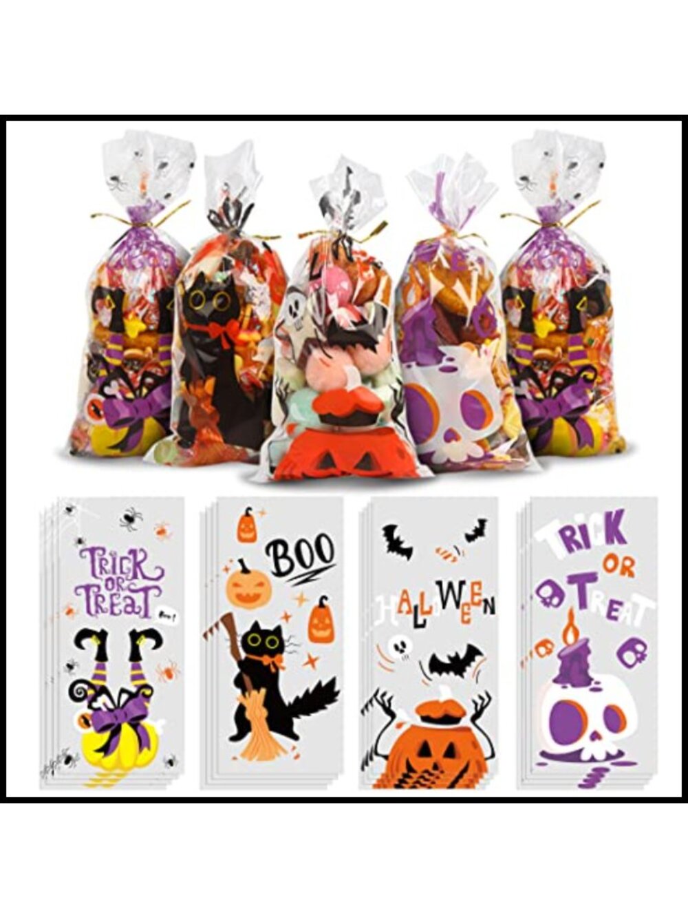 120 Pack Cellophane Candy Treat Bags Twisted Ties Halloween Party Favor